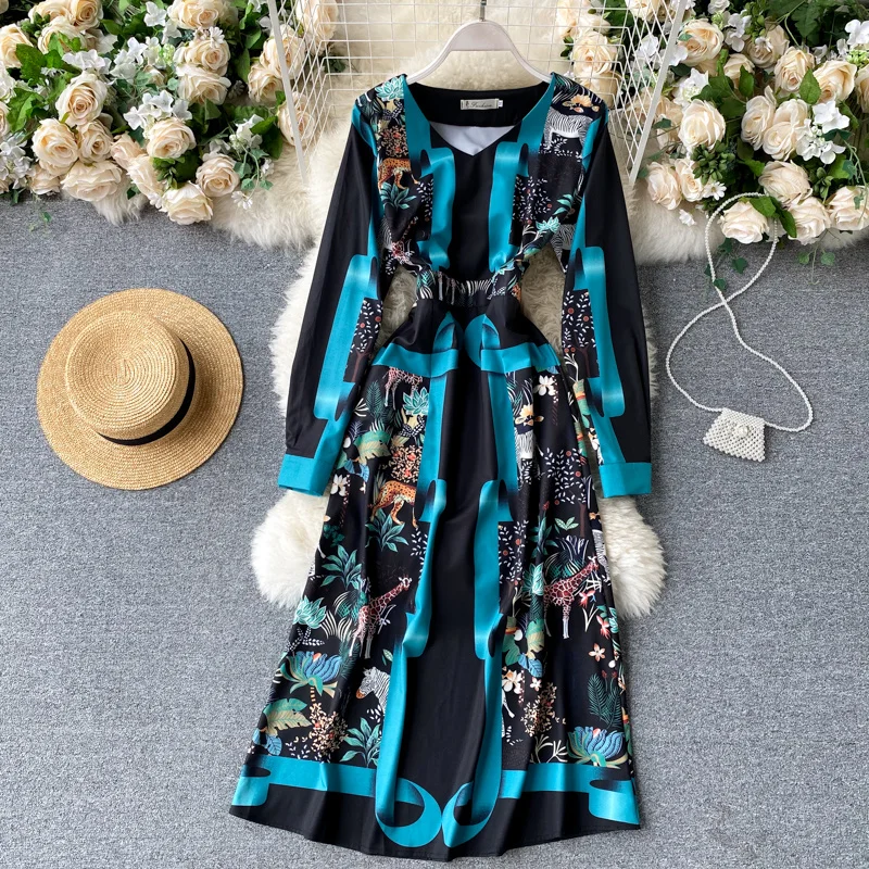 

Vintage Printed Dress Autumn And Winter New Temperament V-Neck Mid-Length Retro Women's Clothing
