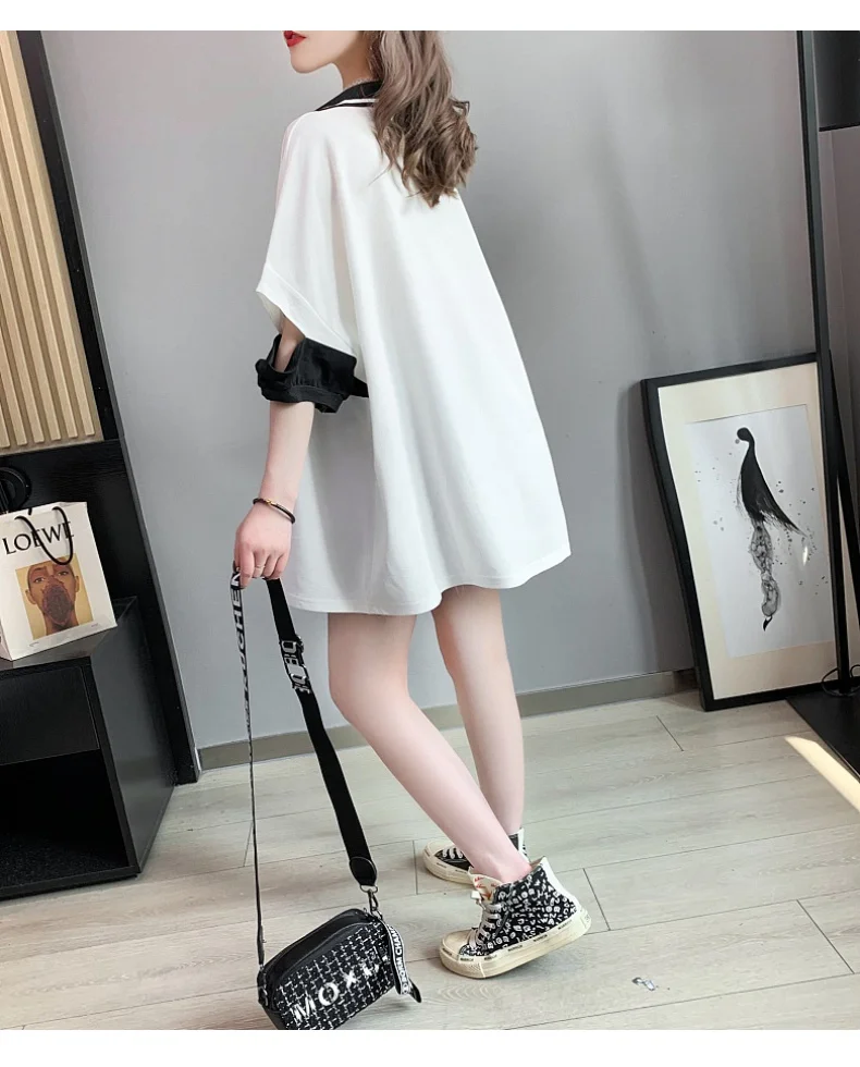 

2021 Summer Fashion Simple Female T-shirt Women Loose Oversized Half-Sleeve Tees New Casual Mid-Length Polo Collar Pullover Top