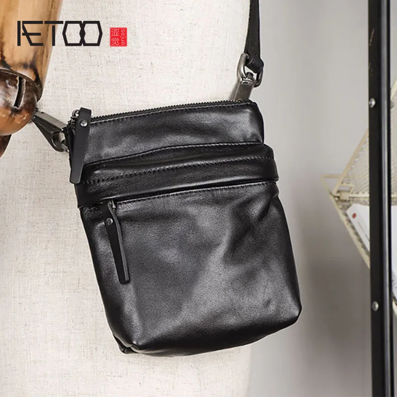AETOO Genuine leather men's shoulder bag, first layer leather crossbody bag, mobile phone bag