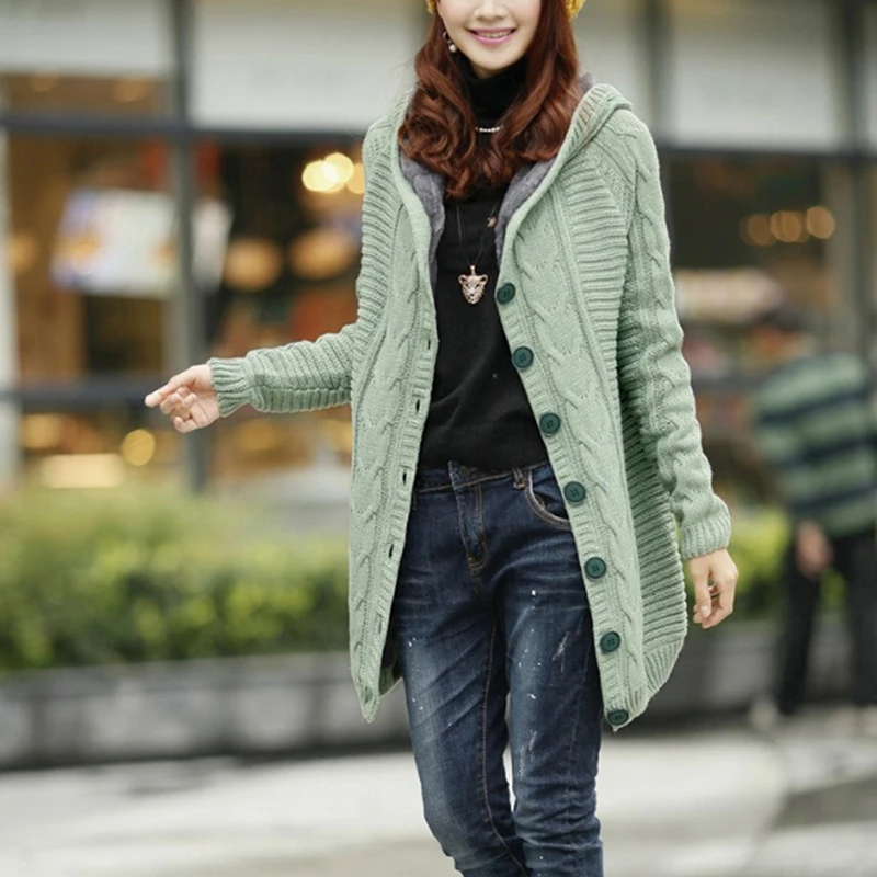 

Lady Winter Hooded Cardigan Knitted Sweater Coat Women Thick Warm Long Sleeve Knit Weave Long Tops