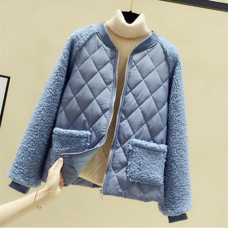 

Autumn Winter Lambswool Splice Parka Short Cotton Jackets Women Plus Size Loose Warm Outerwear Female Solid Padded Jacket Coats