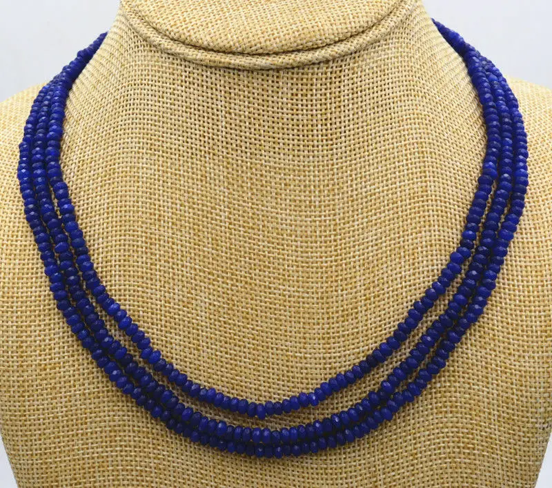 

New NATURAL 3 Rows 2X4mm FACETED DARK Blue Sapphire BEADS NECKLACE