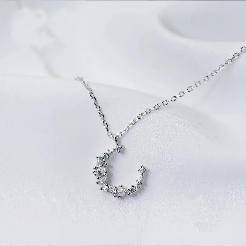 

925 Sterling Silver Crystal Moon Charm Pendant Necklace For Women Choker Wedding Statement Jewelry dz285