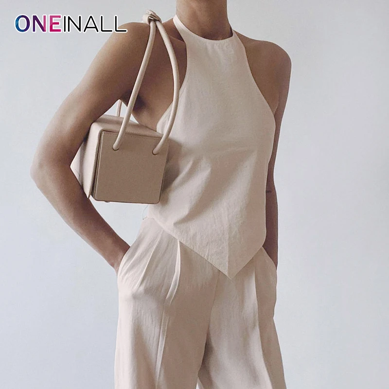 

ONEINALL Lace Up Sexy Vests For Women Halter Sleeveless Slimming Asymmetrical Hem Minimalist Tank Tops Female Summer New Clothes