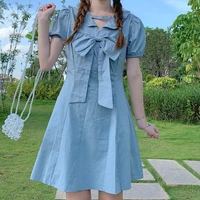 kawaii cute bow lolita dress girl doll collar puff short sleeves dresses women summer college style sweet solid loose mini dress