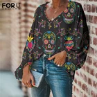 Женская шифоновая блузка с принтом черепа, V-образным вырезом и длинным рукавом