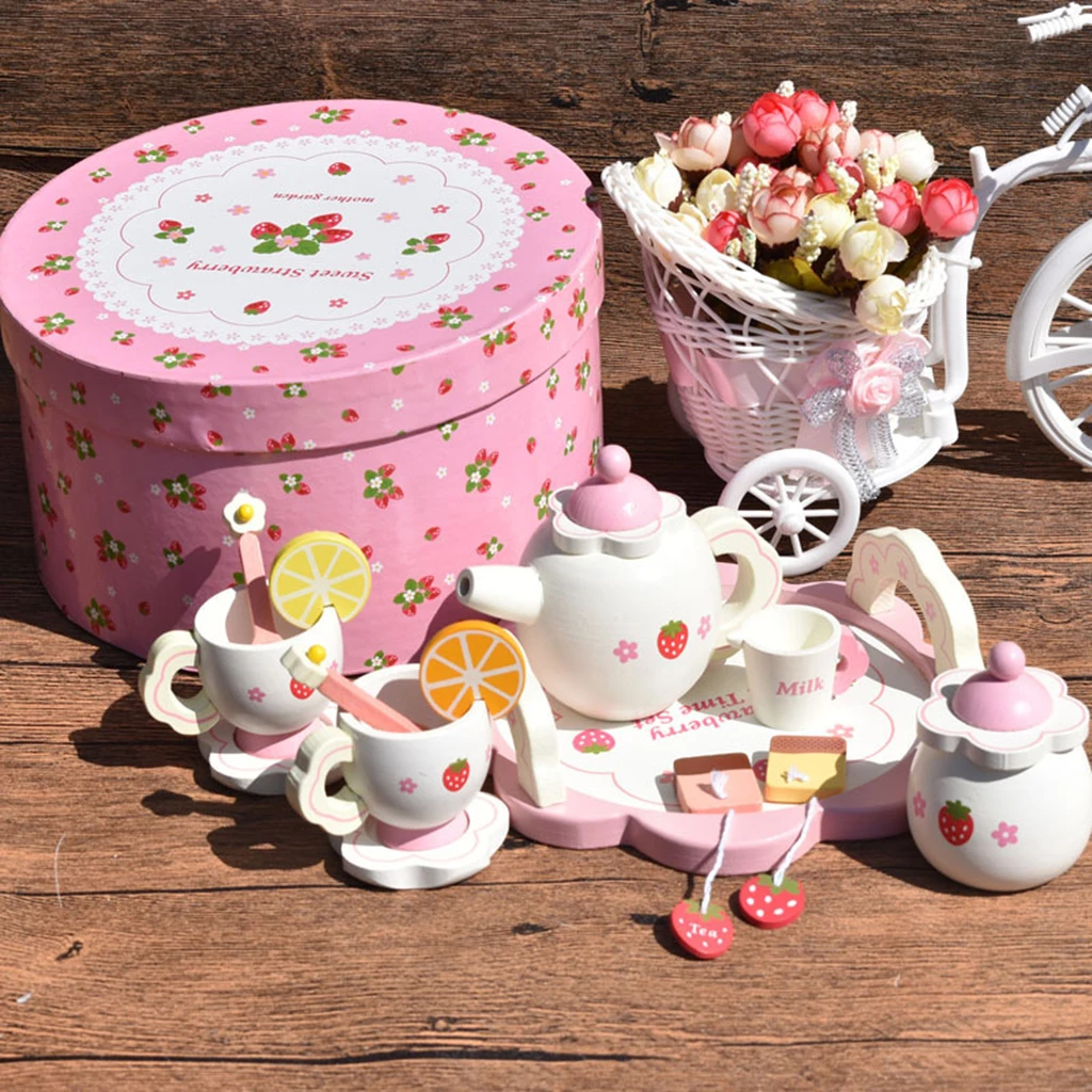 

Wooden Strawberry Themed Afternoon Tea Set Food Kitchen Pretend Play Set