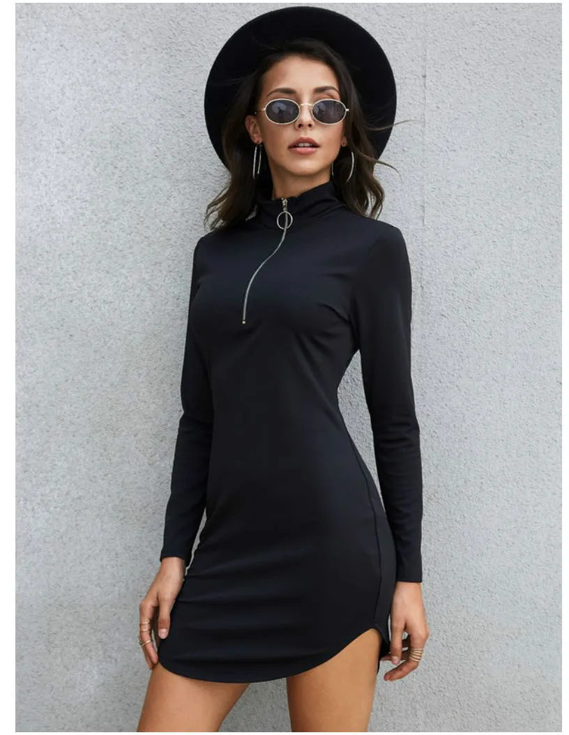

Модная женская одежда в европейском и американском стиле, черное Короткое облегающее мини-платье с высоким воротником и длинным рукавом, на...