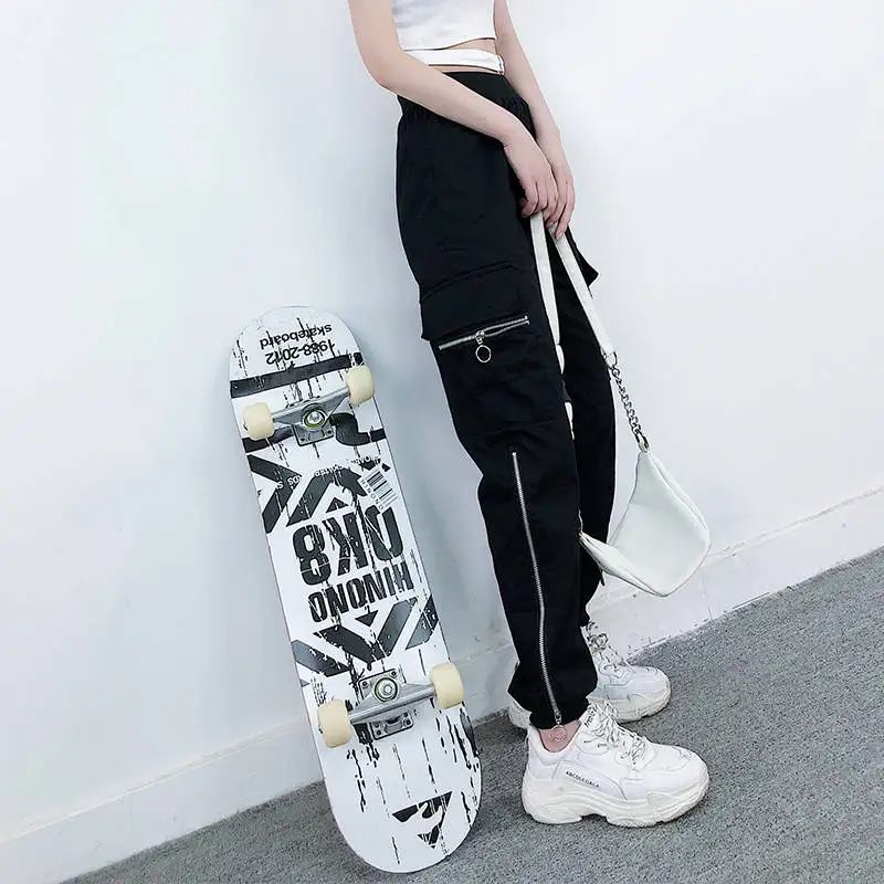 

Women Fashion Zipper Cargo Pants Black Elastic Waist Loose Streetwear Jogger Trousers Female Plus Size Casual Sport Pants