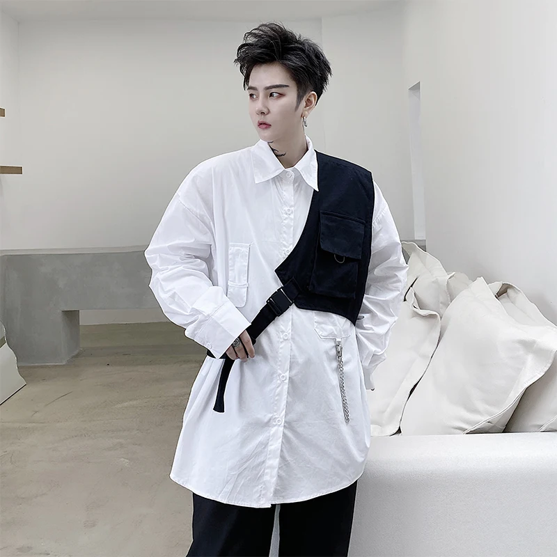 

Male Streetwear Hip Hop Fashion Casual Long Sleeve Shirt Cargo Waistcoat Men 2 Pieces Sets Shirt Vest