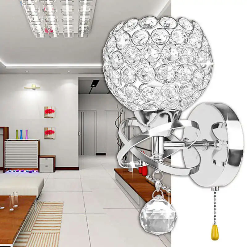

Led Modern Crystal Wall Lamp Sconce Light Bulb Bedroom Hallway Lighting Fixture, With On/Off Pull Switch