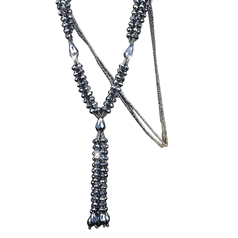 

2021 Summer New Boho Shiny Crystal Beads Long Necklace Women Kpop Tassel Sweater Chain Fashion Lady Neck Decoration