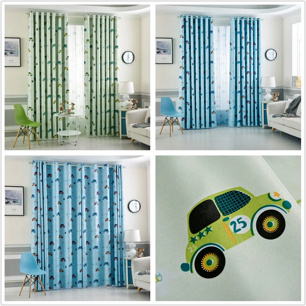 

Kids Blackout Bedroom Curtains with Car Print JinyaHome Blue Green Polyester Fabric Grommet Top Living Room Window Treatment New