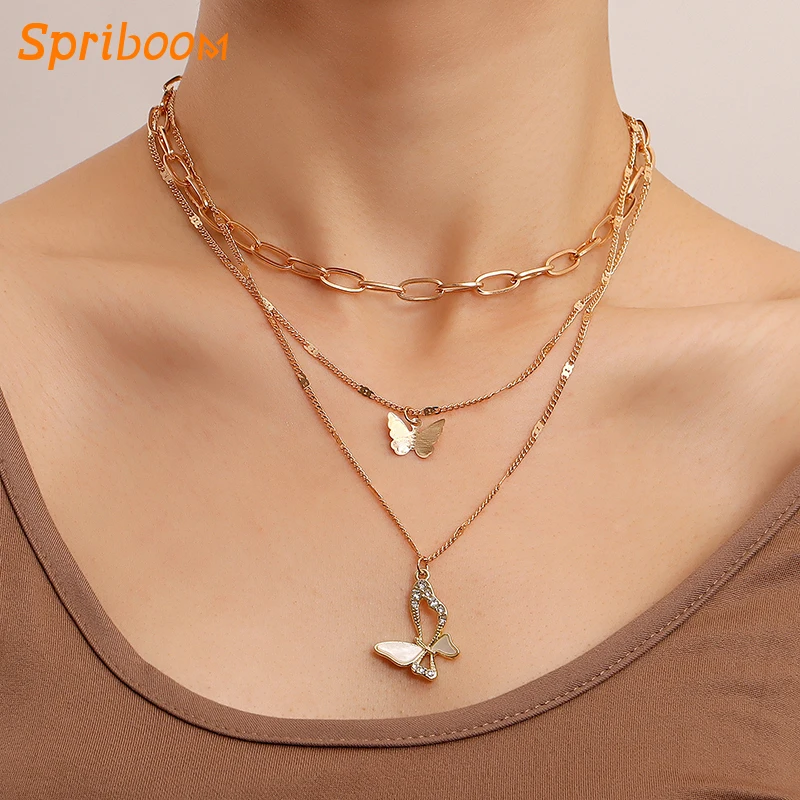

Gold Butterfly Pendant Necklaces for Women 3 Layers Chunky Necklace Choker Vintage Bohemia Jewelry for Women Collier Party Gifts