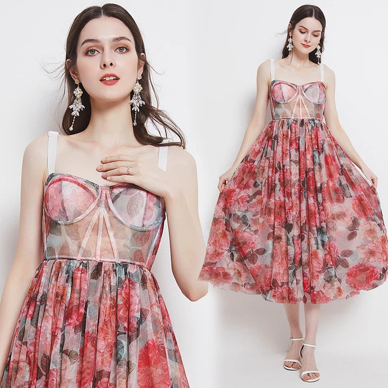 

Summer Sleevesess Floral Printed Dress Women Red Vintage Elegant A Line Party Dresses Female Sexy Goblincore Midi Dress Elegant