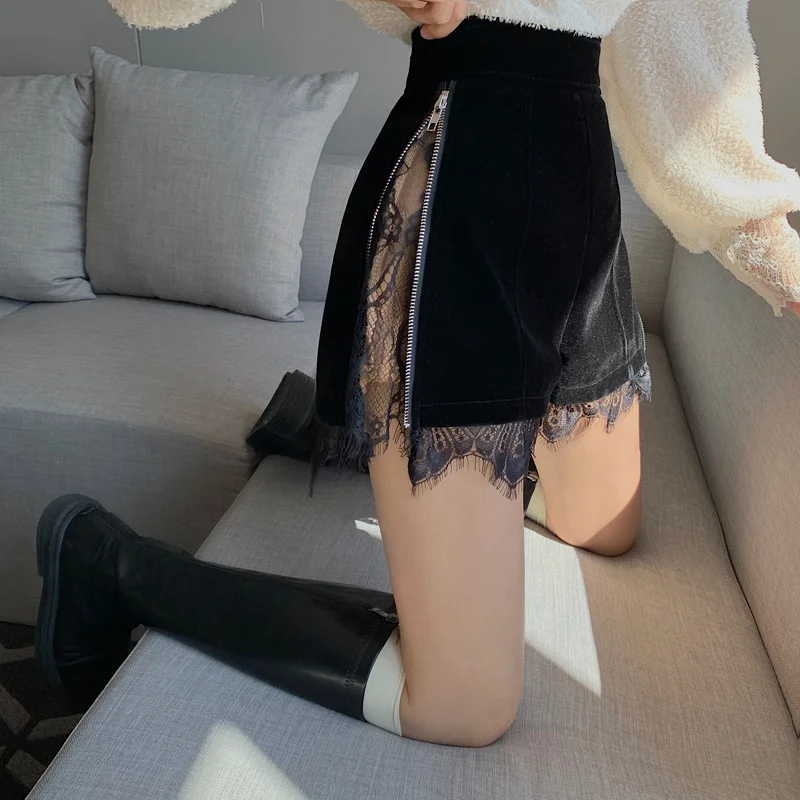 

Design Lace Stitching Velvet Shorts Women's New Autumn and Winter High Waist Slimming Straight Pants Casual Versatile Bootcut