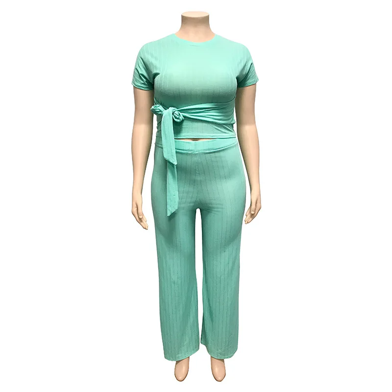 Повседневный Женский комплект размера плюс футболка с поясом и строгие штаны из 2