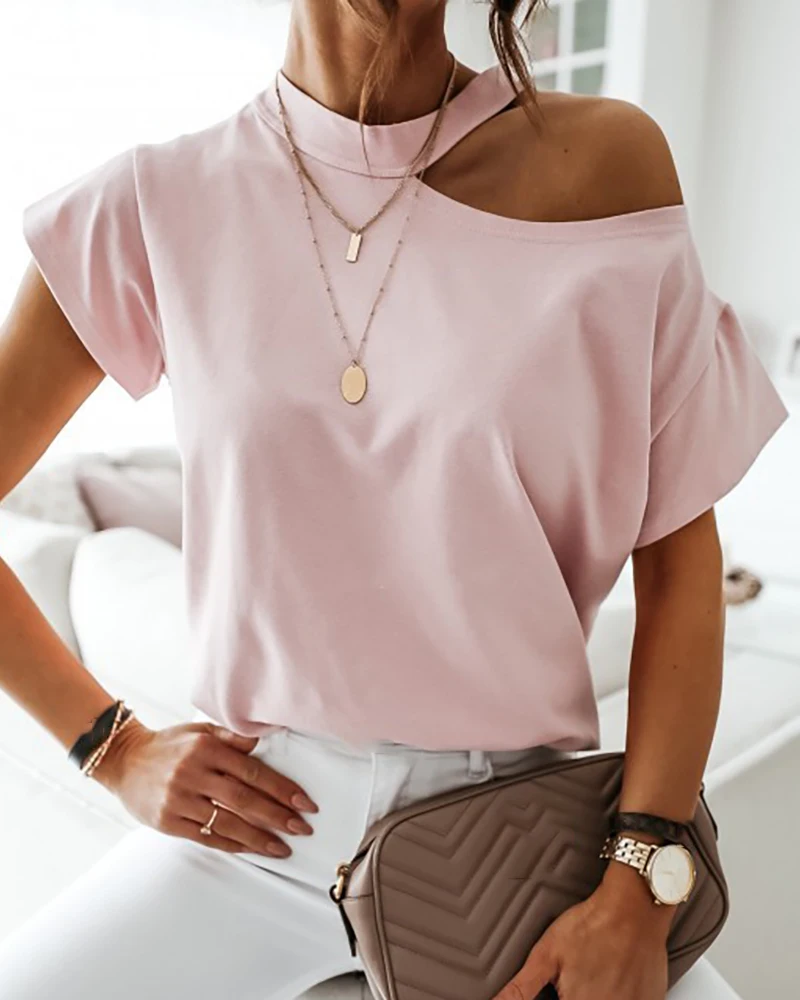 

Women Summer Elegant Solid Cold Shoulder Short Sleeve Casual T-shirt Lady Sexy Oversize Streetwear Top
