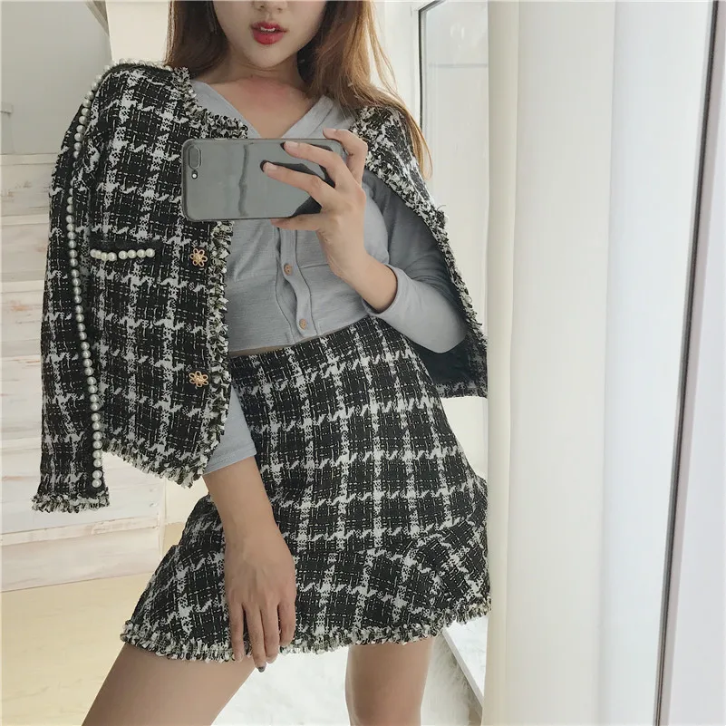 Высококачественный твидовый костюм с юбкой в клетку 2018 осенне зимняя женская