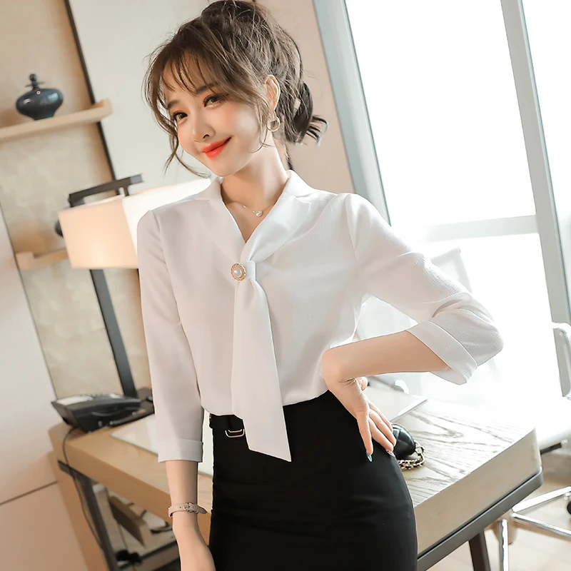 

Women Blouses 2021 New Spring/Summer Three-Quarter Sleeve White Pink Shirt Casual Tops Elegant Ladies Work Wear Plus Size 4XL