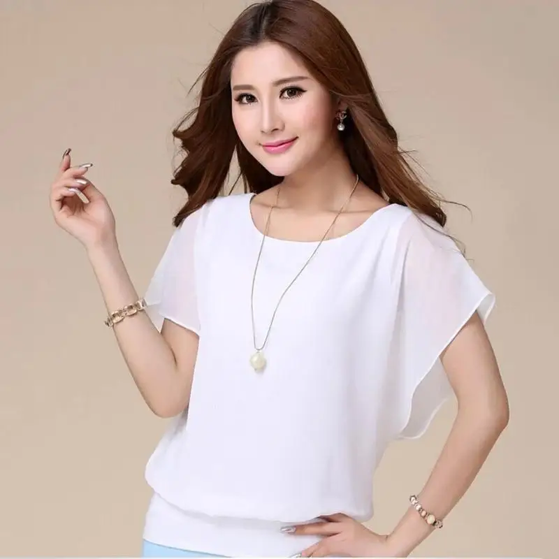 Шифоновые топы с круглым воротником размера плюс рукава летучей мыши