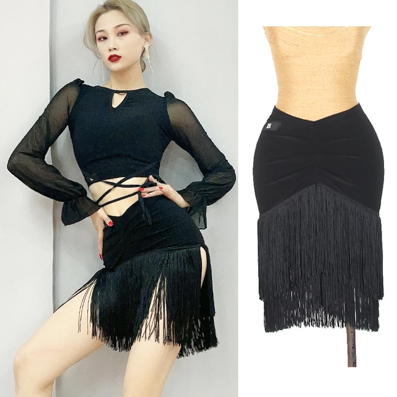 Юбка для латиноамериканских танцев DQL4946 черная тренировочная юбка с бахромой