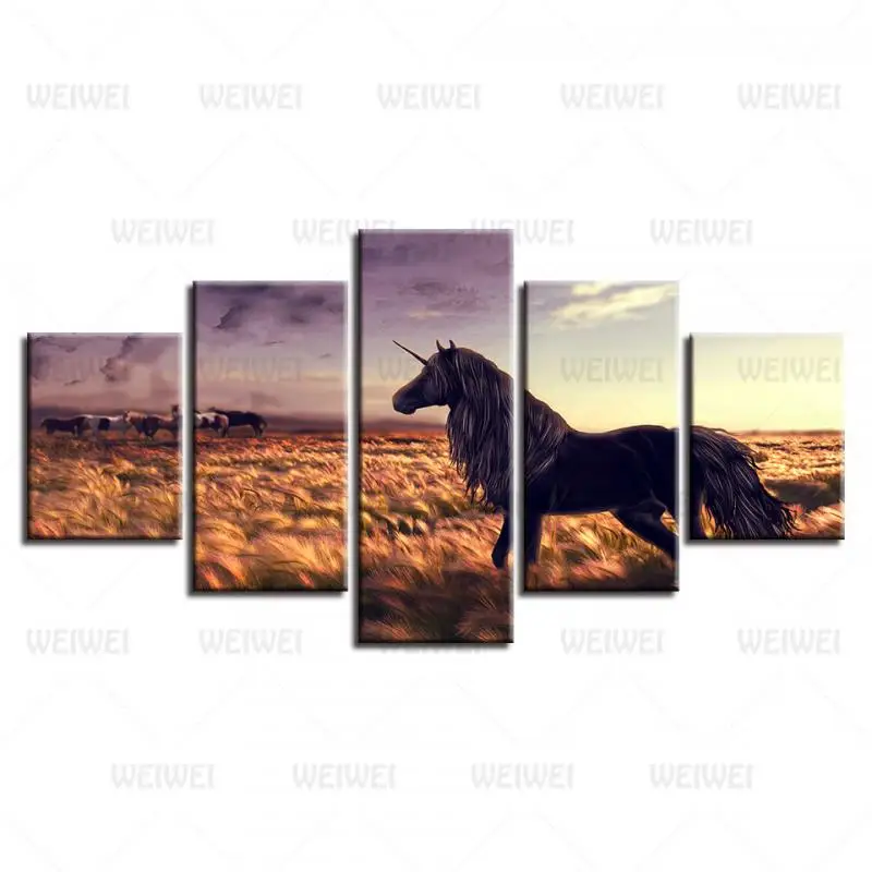 

Animal Style Murals Canvas Painting Bed Home Decoration Prints 5 Pieces Grassland Run Black Unicorn Living Room Wall Mural