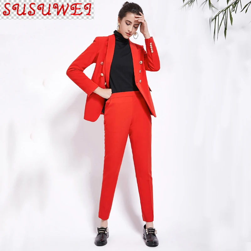 

Женский офисный костюм из двух предметов, деловой костюм красного, розового цветов с двубортным блейзером на пуговицах и брюками для осени, ...
