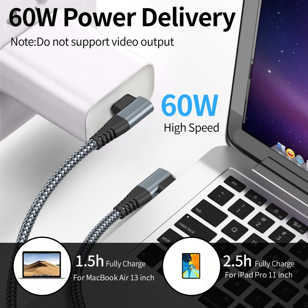 

USB C To USB Type C Cable 60W PD Fast Charger Cord Right Angle 3A Phone Charger Cord For Samsung S21Xiaomi POCO Macbook iPad