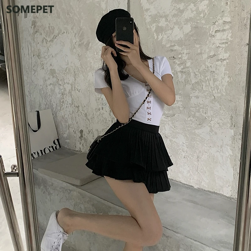 

3 Sizes S-l Causal High Waist Summer A-line Pleated Solid Casual High Elastic Waist Women 2021 New Shorts Skirts