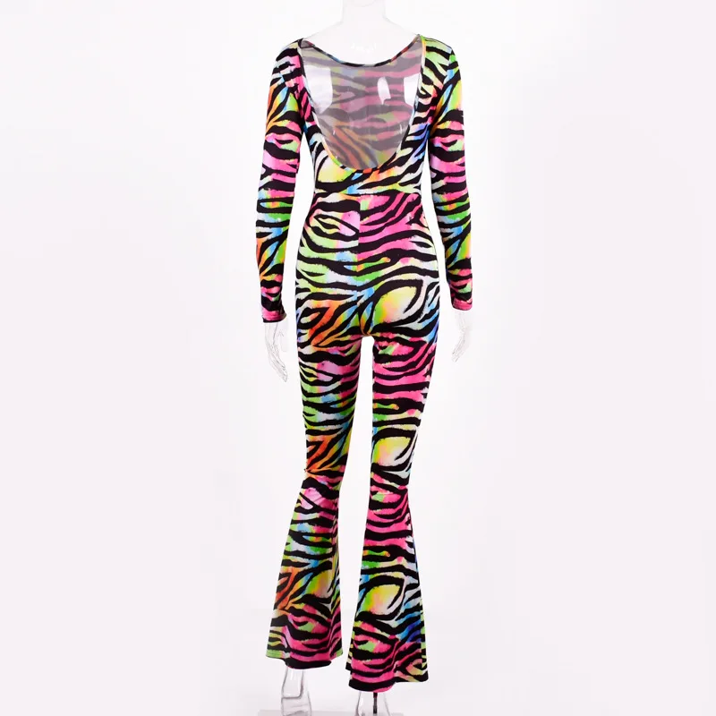 Rainbow Zebra Print Jumpsuit Women Long Sleeve Flare Pants Ladies Rompers Open Back Female Catsuit Backless |