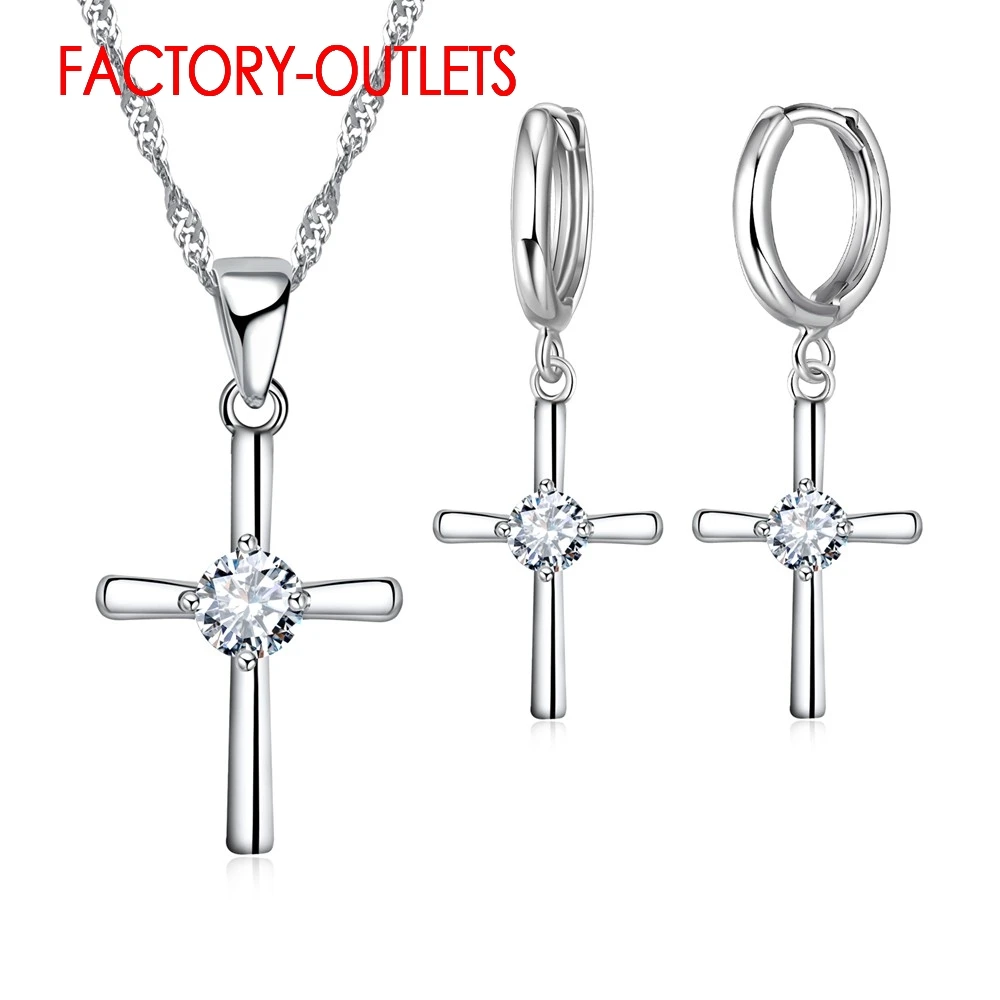 925 Sterling Silver Necklaces Earrings Cross Shape Classic Fashion Jewelry Set CZ Cubic Zirconia Party Unisex Wholesale