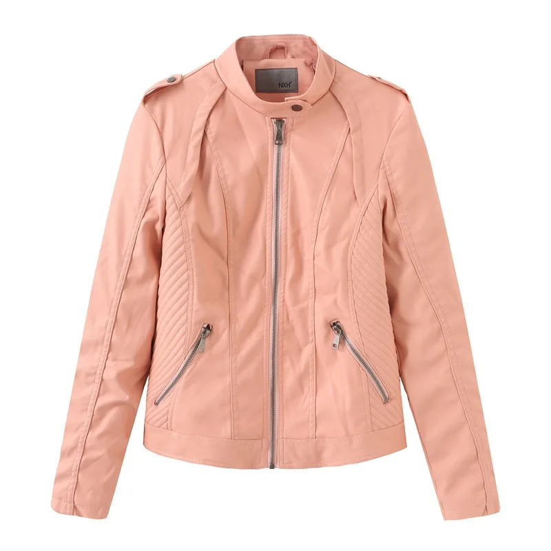

2021 Women Leather Short Jacket Stand-up Collar Long Sleeve Faux Leather Outerwear Coat Slim Biker Jackets Womens Brand Clothing