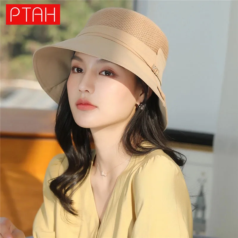 

[PTAH] Fashion Sun Hats Female UPF 50+ Wide Brim Roll-up Straw Lightweight Foldable Beach Hats Breathable Sun Protection Visors