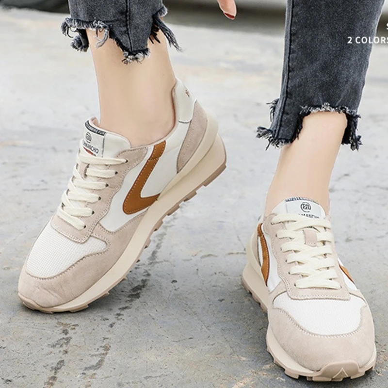 

TAOFFEN New Spring Women Real leather Flat Sneakers Round Toe Mixed Color Cross Strap Outdoor Casual Shoes Ladies Size 35-39