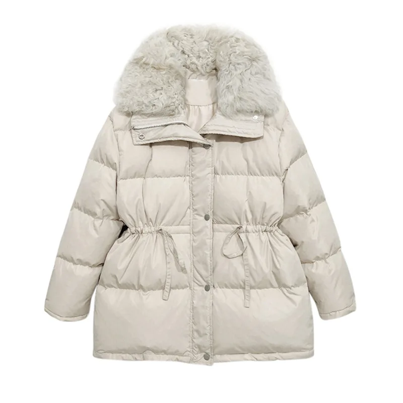 

2021 Winter New Lam Fur Collar Thick Small Western Chic Fashion Jacket Women's White Duck Down Ajustable Waist Coat Female