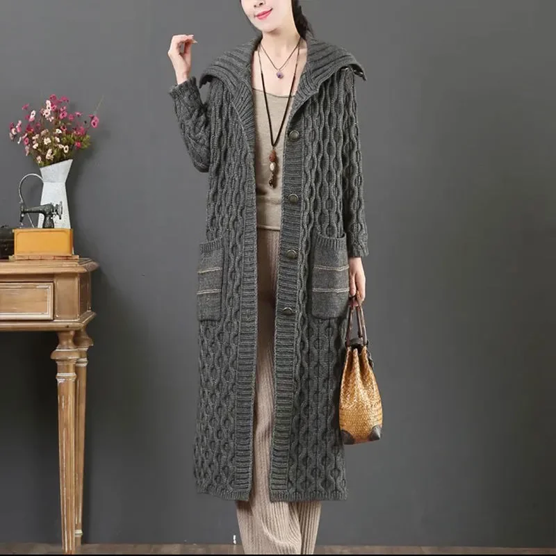 

Women Padded Sweater Coat 2021Female Fall/winter Mid-length Lapel Knitted Cardigan Coat Women Loose Temperament Outer JacketA504