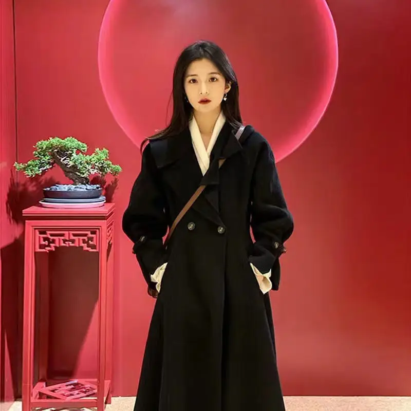 

Hepburn black suit collar double breasted woolen coat women's winter new college style medium long woolen coat