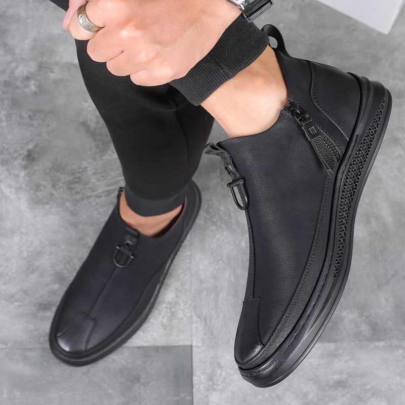 

2020 Men's Cow Leather Shoes Fashion Leisure Leather Shoes Anti slip New Autumn Young Street Cowhide Leather Zipper Shoes