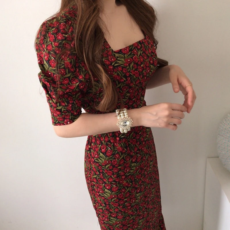 

Kimotimo Floral Dress Women Korean Chic Retro Temperament Square Collar Bandage Bow Slim High Waist Puff Sleeve Trumpet Dresses\