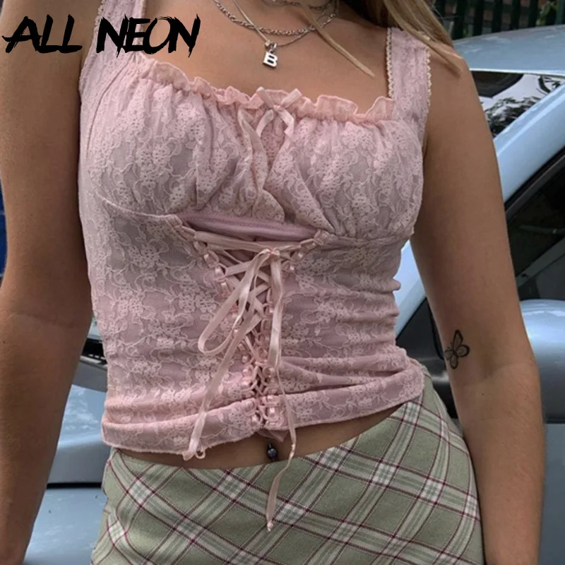 

ALLNeon 2000s Aesthetics Cute Bandage Pink Lace Crop Tanks Y2K Fashion Ruched Square Collar Sleeveless Corset Tops Sweet Outfits