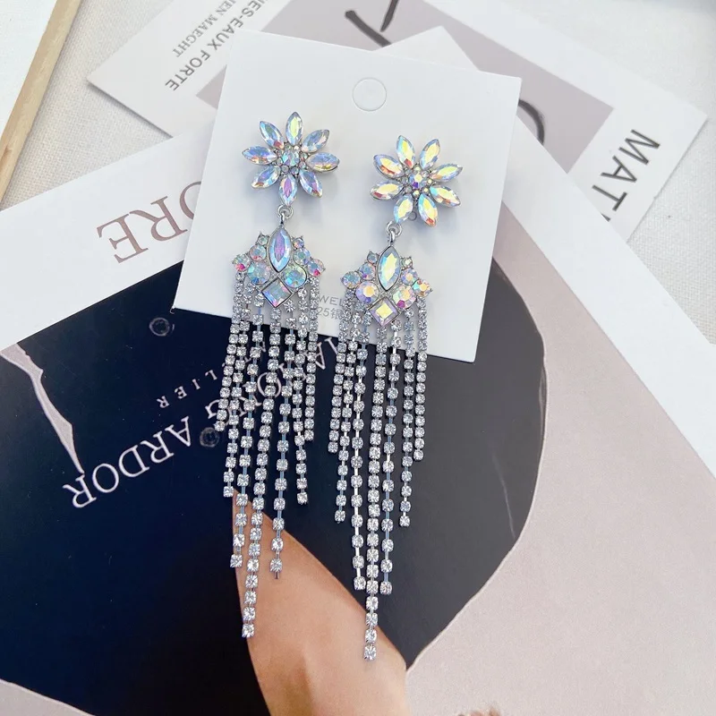 MENGJIQIAO Korean New Luxury Flower Crystal Drop Earrings For Women Elegant Rhinestone Tassel Long Pendientes Party Jewelry | Украшения и