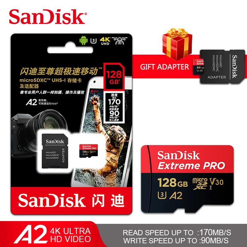 

100% Original SanDisk Extreme Pro Micro SD Card 64GB 128GB Up to 170MB/s A2 V30 U3 TF Card Memory Card With SD Adapter for PC