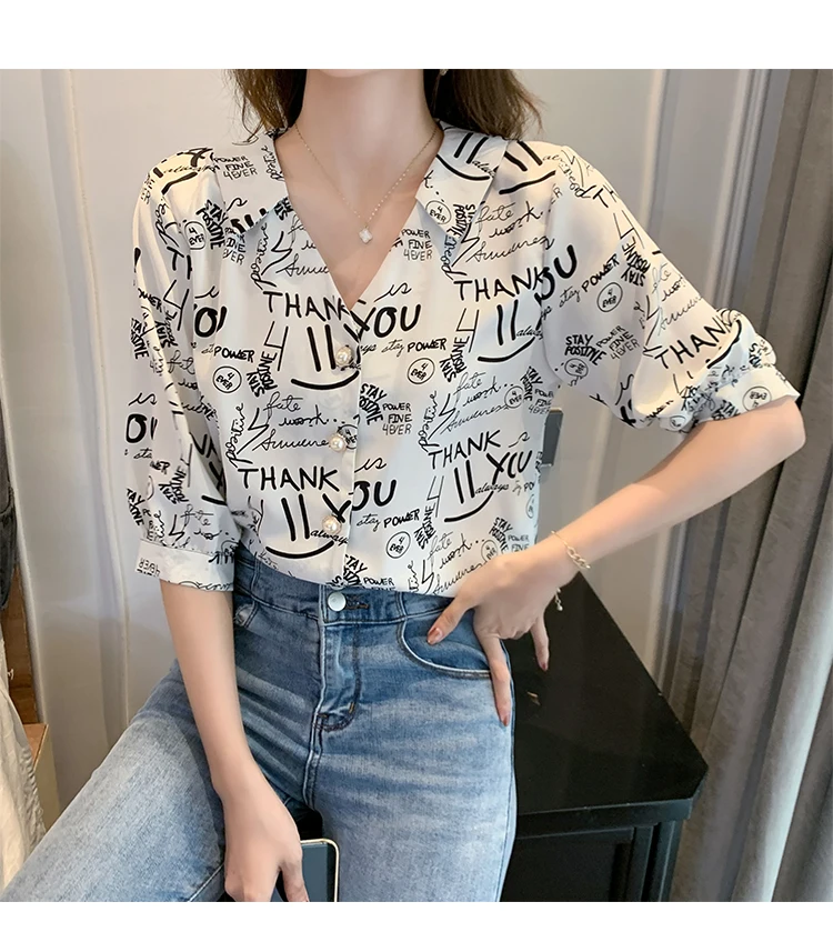 

Houthion Short-sleeved Women's Blouse Printing V-neck Shirt Korean Fashion Tops Casual Comfortable Plus Size Chiffon
