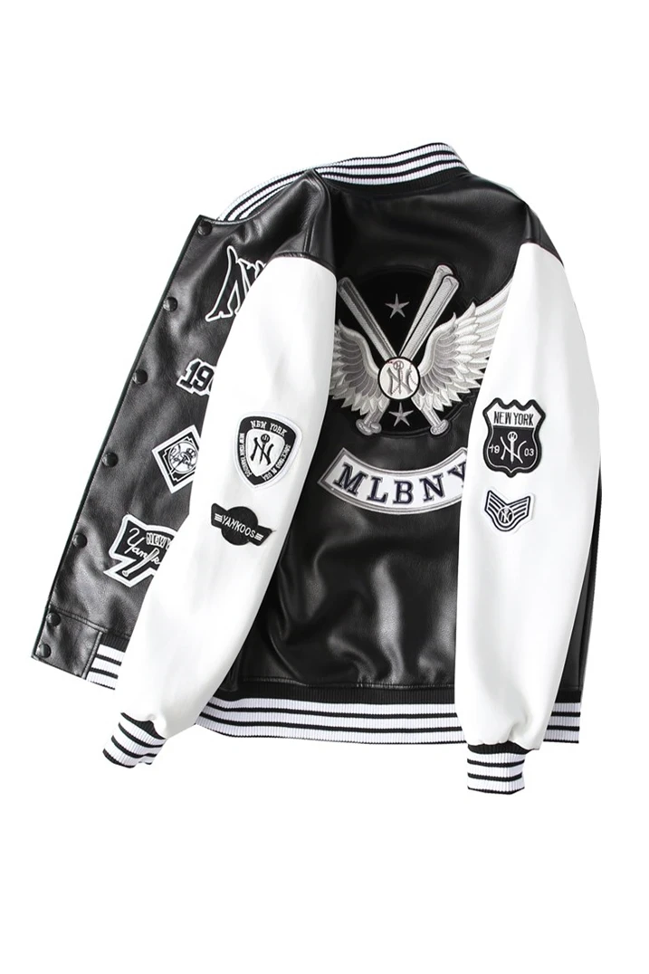 

Bf Style Pu Leather Patchwork Bomber Jacket Casual Badge Baseball Jacket Spring Autumn Casual Basic Jackets Coat For Women