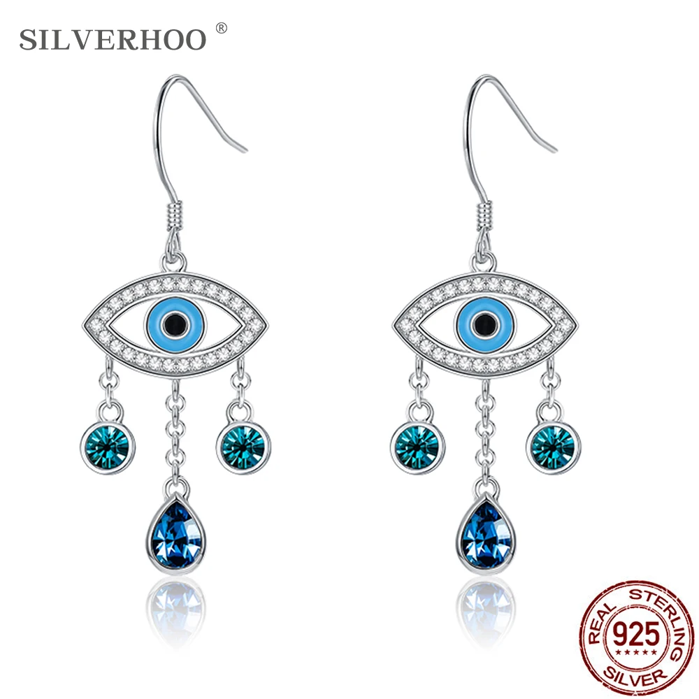 

SILVERHOO 925 Sterling Silver Demon Eye Water Drop Earrings For Women Blue Austria Crystal Romantic Anniversary Gift Hot Sale