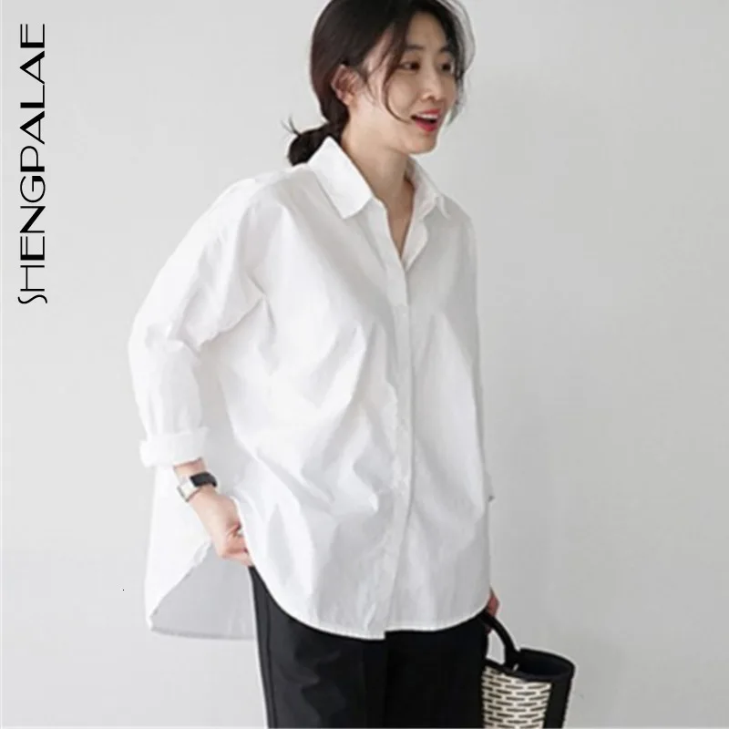 SHENGPALAE 2020 новинка модная Осенняя однотонная белая рубашка с отворотом женская