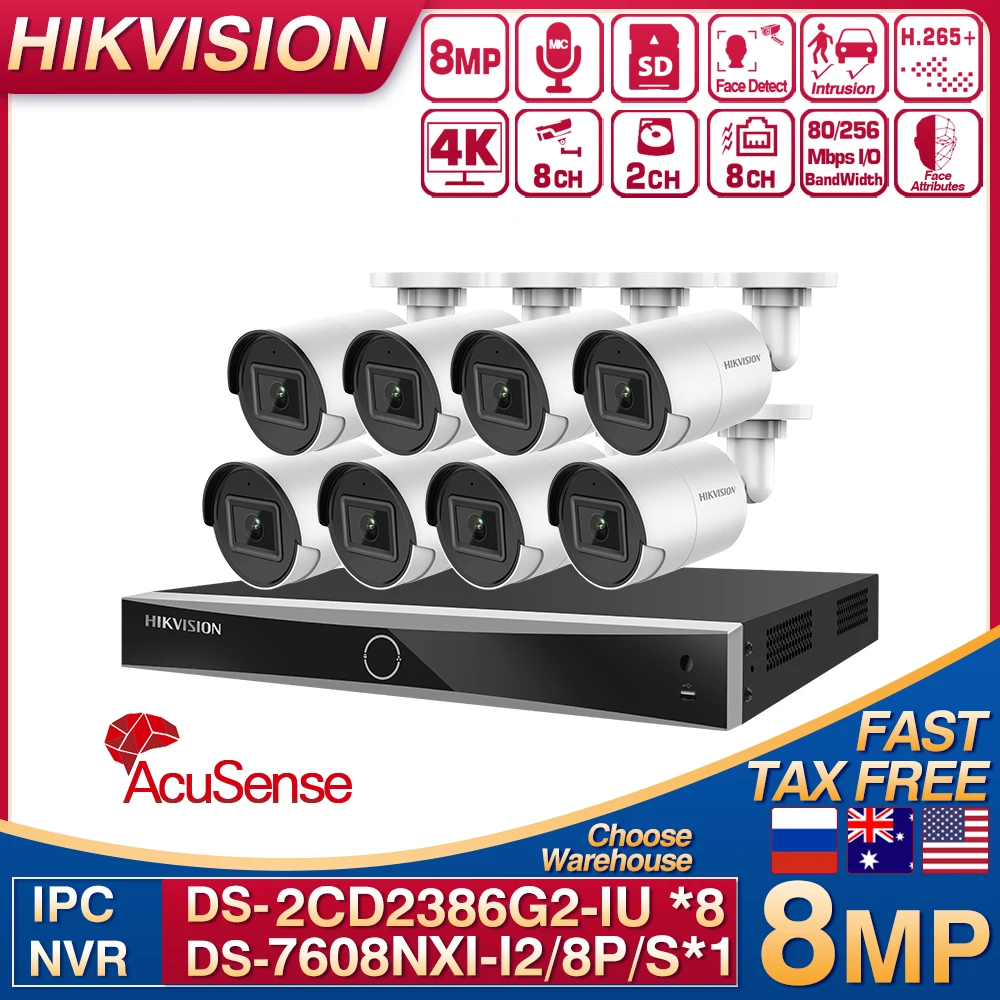 

Комплекты Hikvision, 8 шт., IP-камеры 4K, яркий цвет, с сетевым видеорегистратором, DS-2CD2086G2-IU/8 P/S, CCTV камера, комплект системы безопасности Hikvision