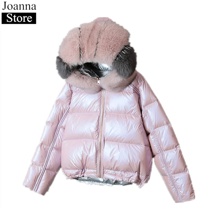 Зимнее белое пуховое женское глянцевое пальто с капюшоном и воротником из