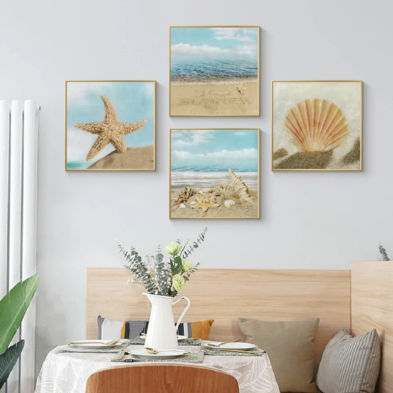 

Natural Conch Shells Canvas Paintings Scandinavian Wall Posters Beach Landscape Quadro Art Print Pictures Home Decor Living Room